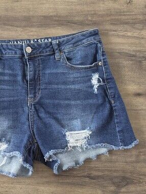 Vanilla Star Mid Rise Jean Shortie 11 Blue Distressed